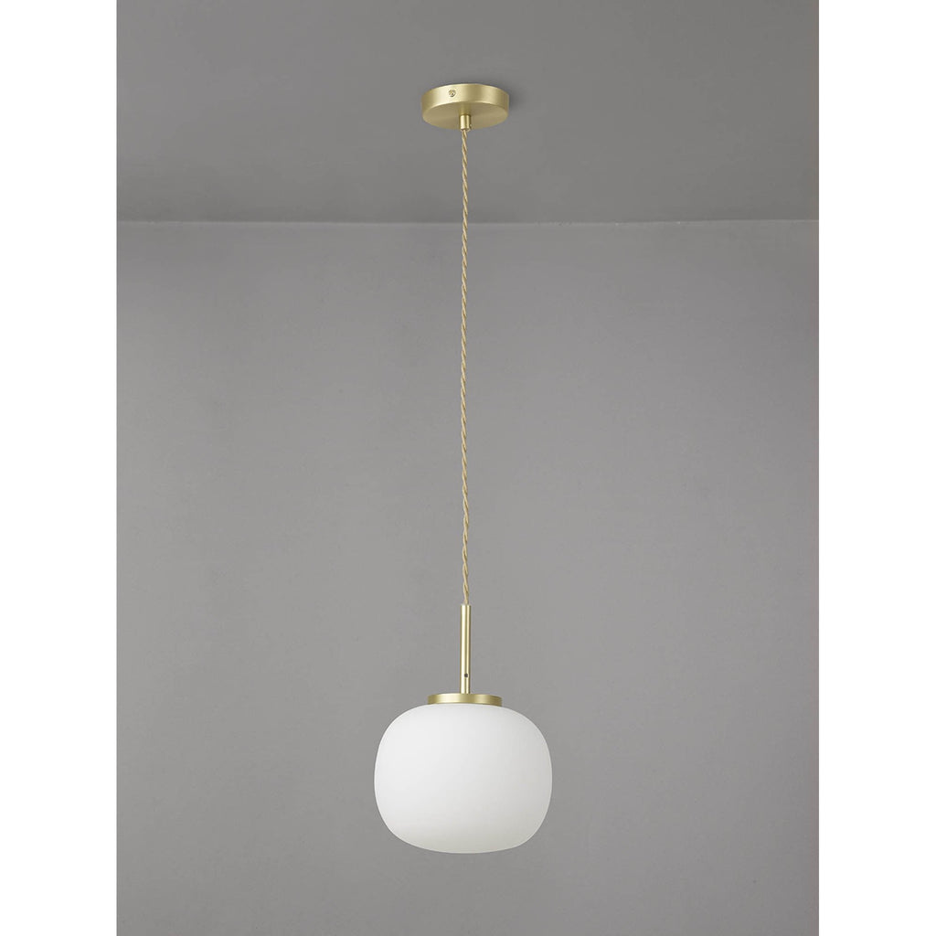 NL86489 Sabus Small Oval Ball Pendant 1 Light E27 Satin Gold Suspension With Frosted White Glass Globe