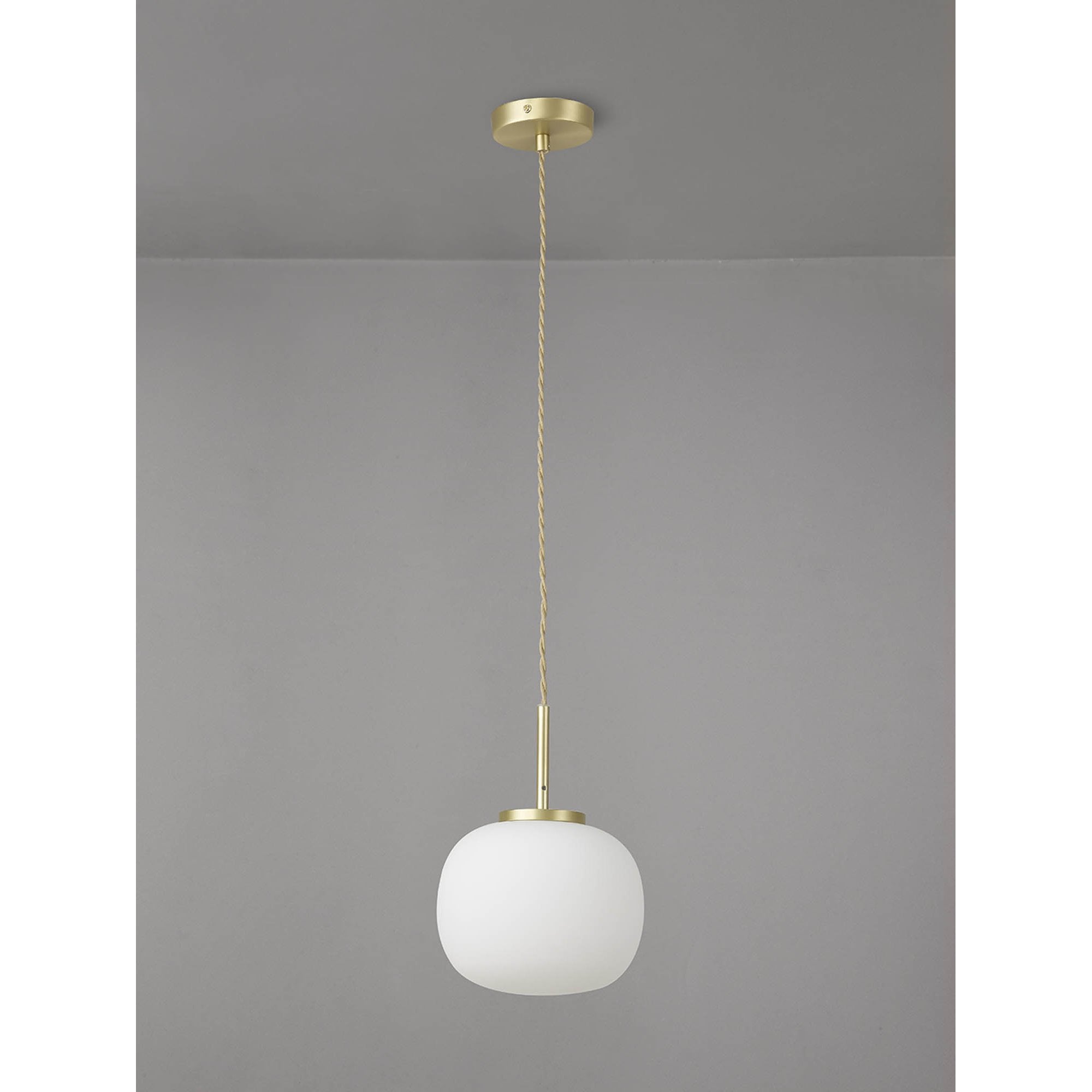 NL86489 Sabus Small Oval Ball Pendant 1 Light E27 Satin Gold Suspension With Frosted White Glass Globe