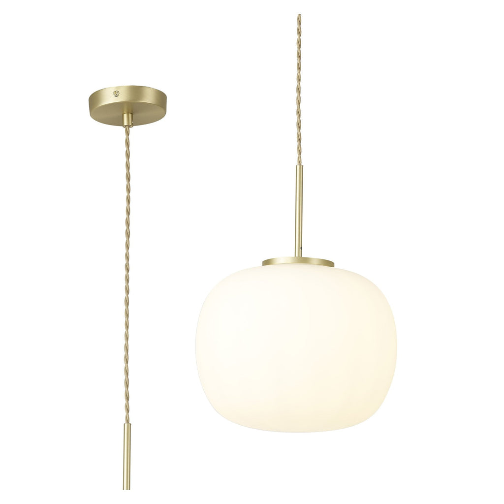 NL86499 Sabus Medium Oval Ball Pendant 1 Light E27 Satin Gold Suspension With Frosted White Glass Globe