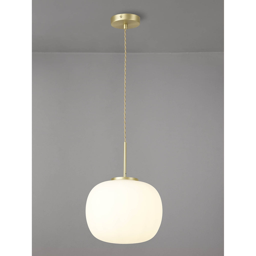 NL86499 Sabus Medium Oval Ball Pendant 1 Light E27 Satin Gold Suspension With Frosted White Glass Globe