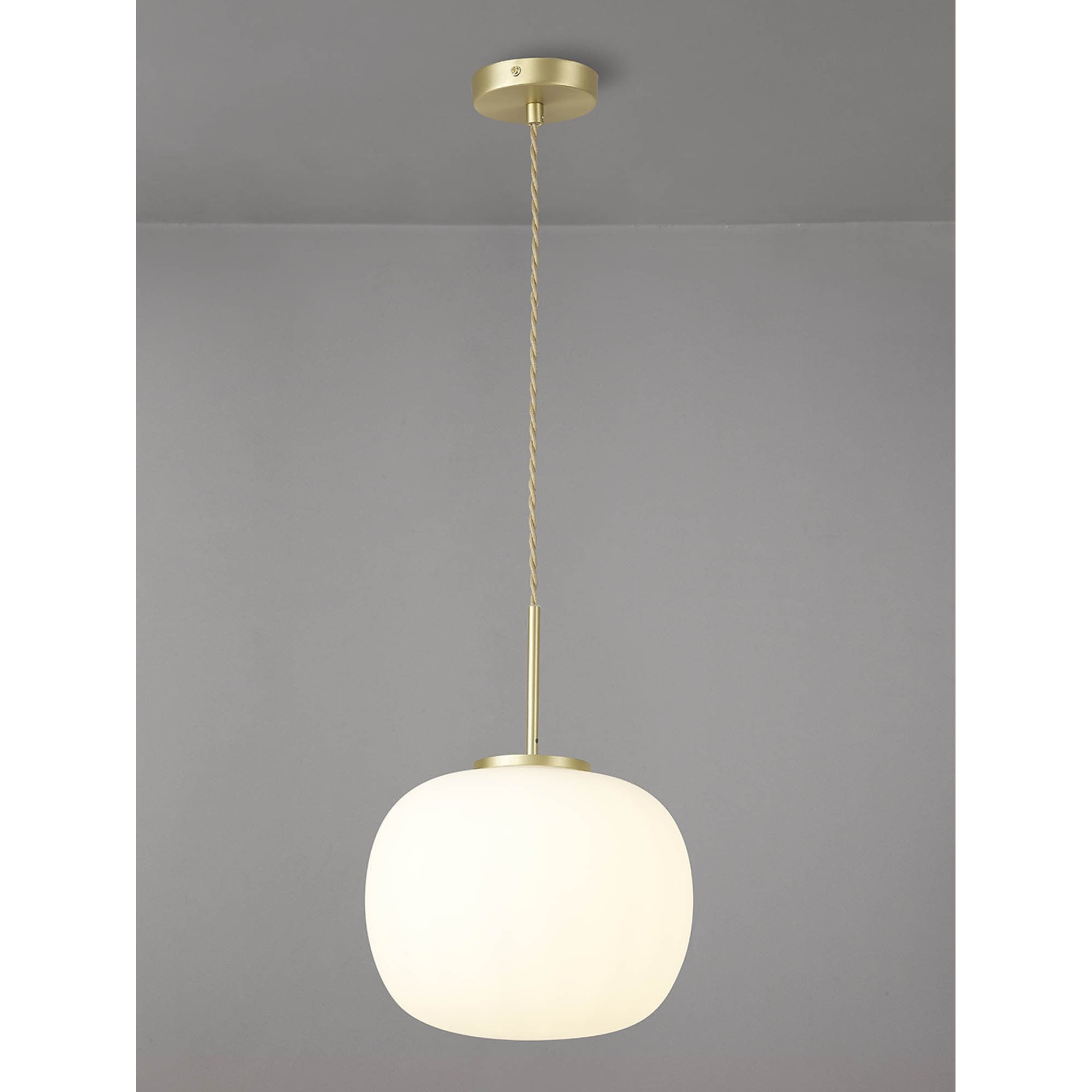 NL86499 Sabus Medium Oval Ball Pendant 1 Light E27 Satin Gold Suspension With Frosted White Glass Globe