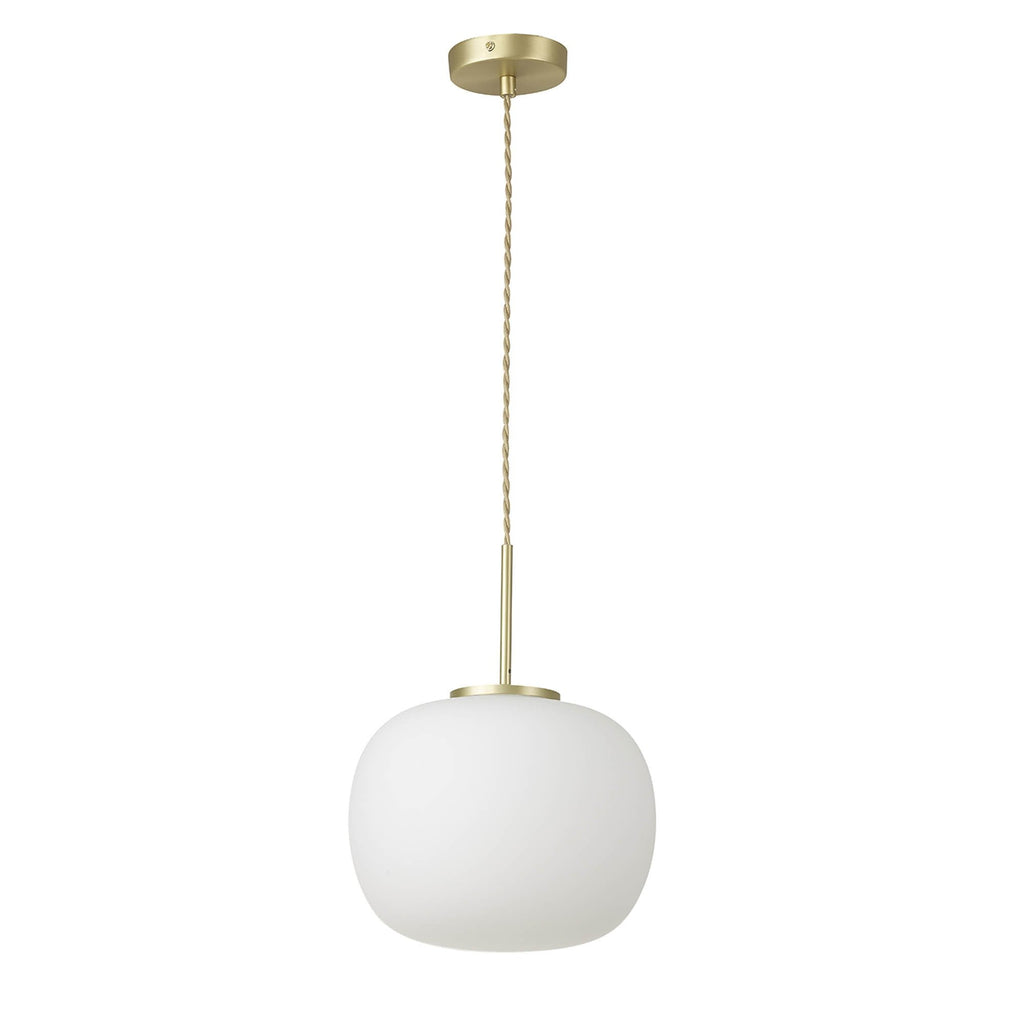 NL86499 Sabus Medium Oval Ball Pendant 1 Light E27 Satin Gold Suspension With Frosted White Glass Globe