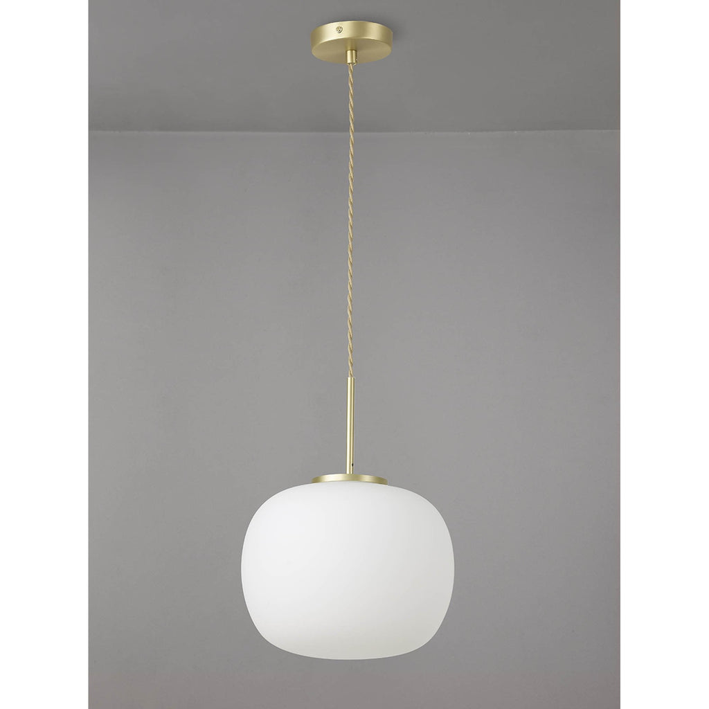 NL86499 Sabus Medium Oval Ball Pendant 1 Light E27 Satin Gold Suspension With Frosted White Glass Globe