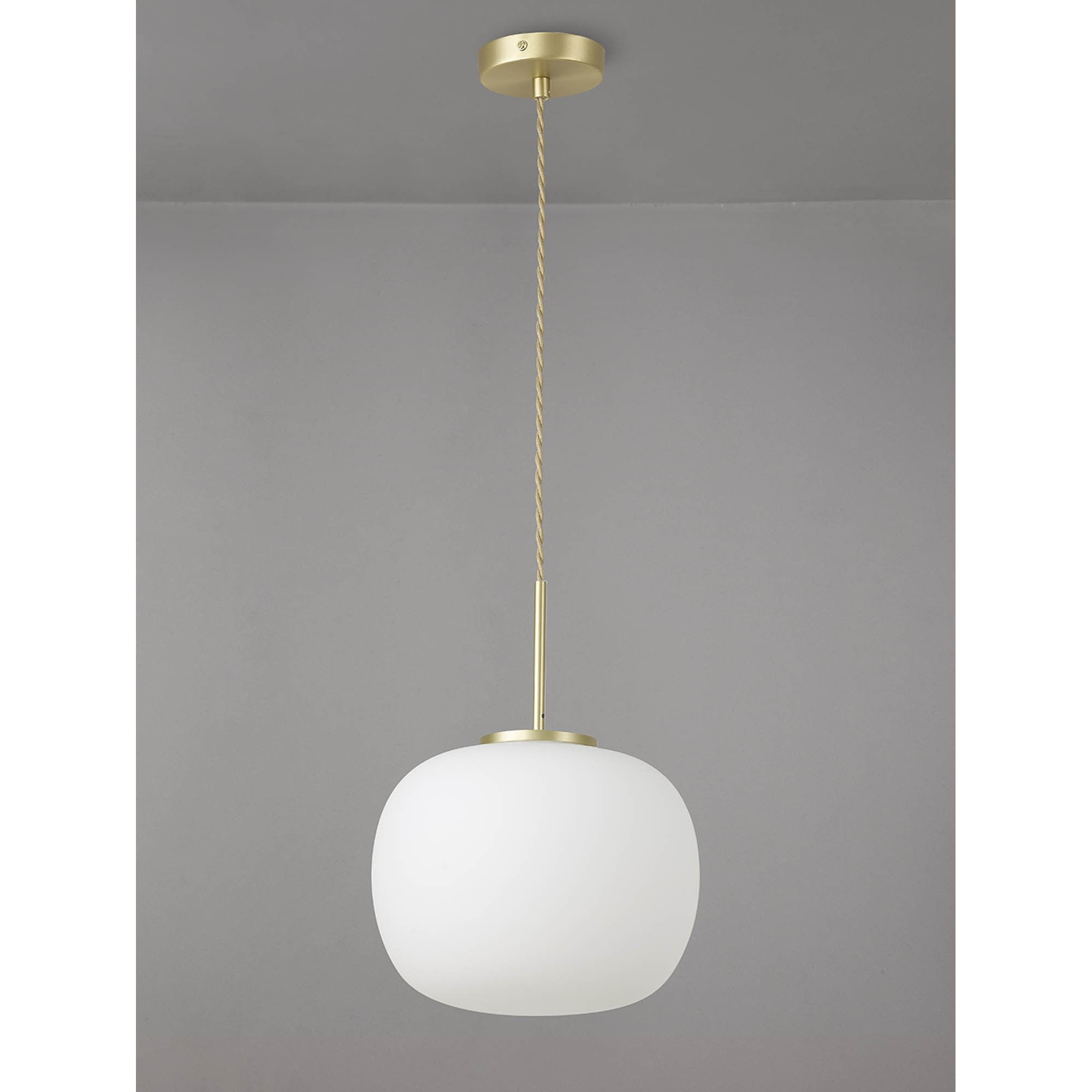 NL86499 Sabus Medium Oval Ball Pendant 1 Light E27 Satin Gold Suspension With Frosted White Glass Globe