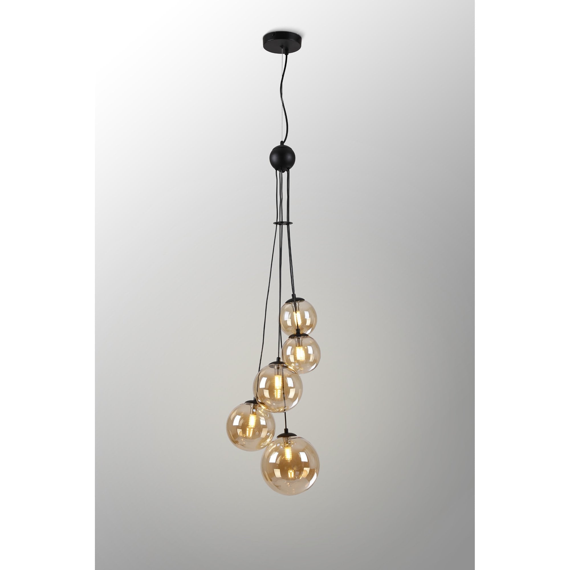 NL9042/AM9 Prague 5 Light Pendant Satin Black Amber Plated