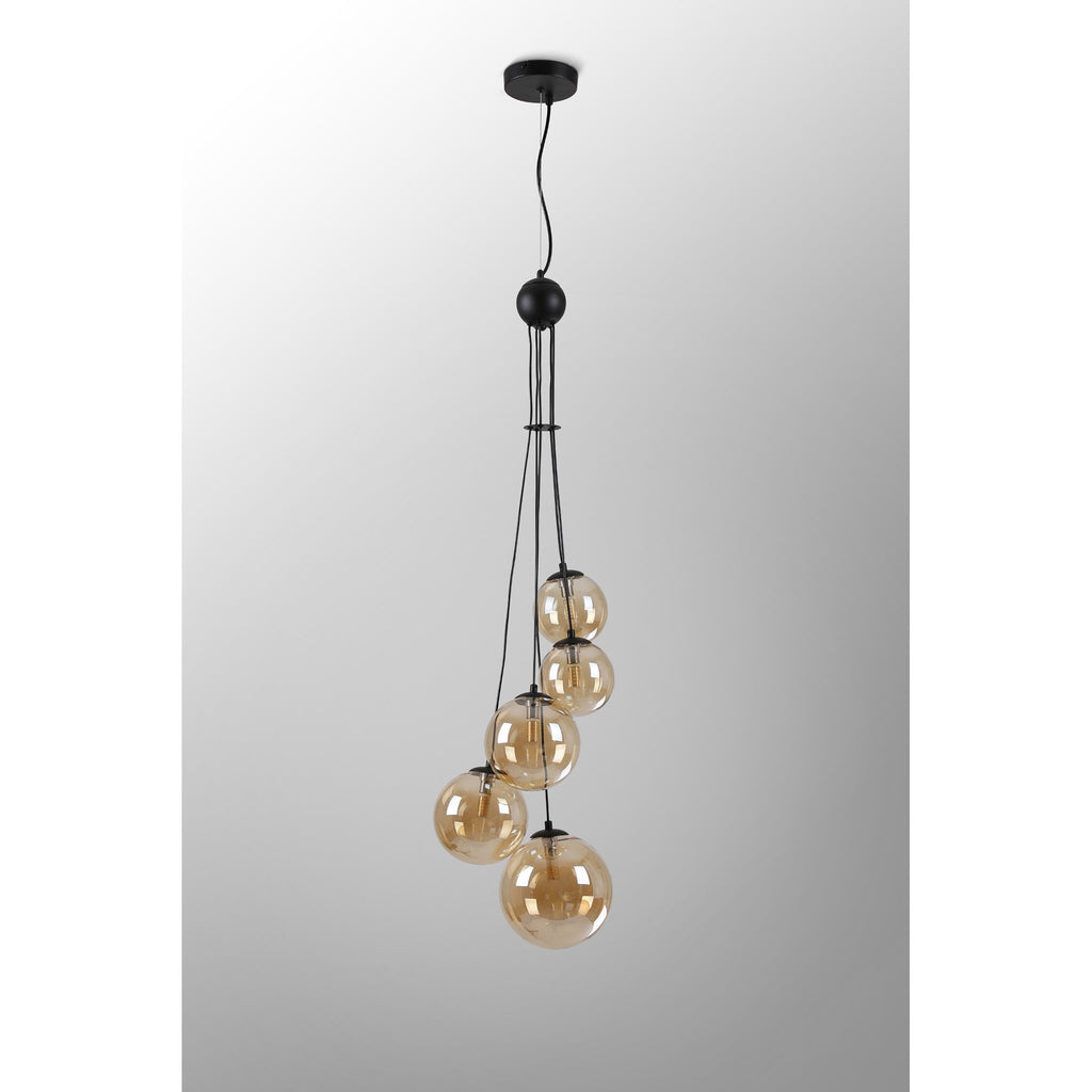 NL9042/AM9 Prague 5 Light Pendant Satin Black Amber Plated