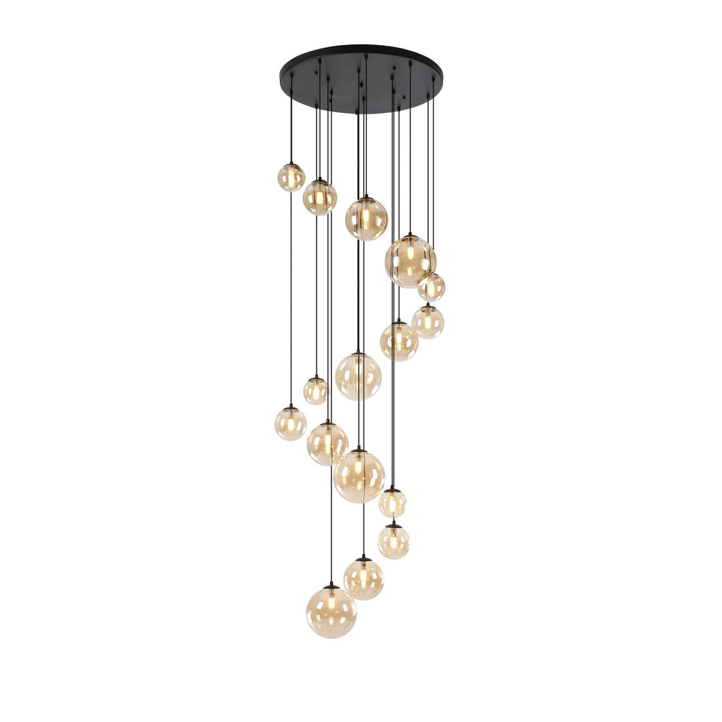 NL9043/AM9 Prague 16 Light Pendant Satin Black Amber Plated
