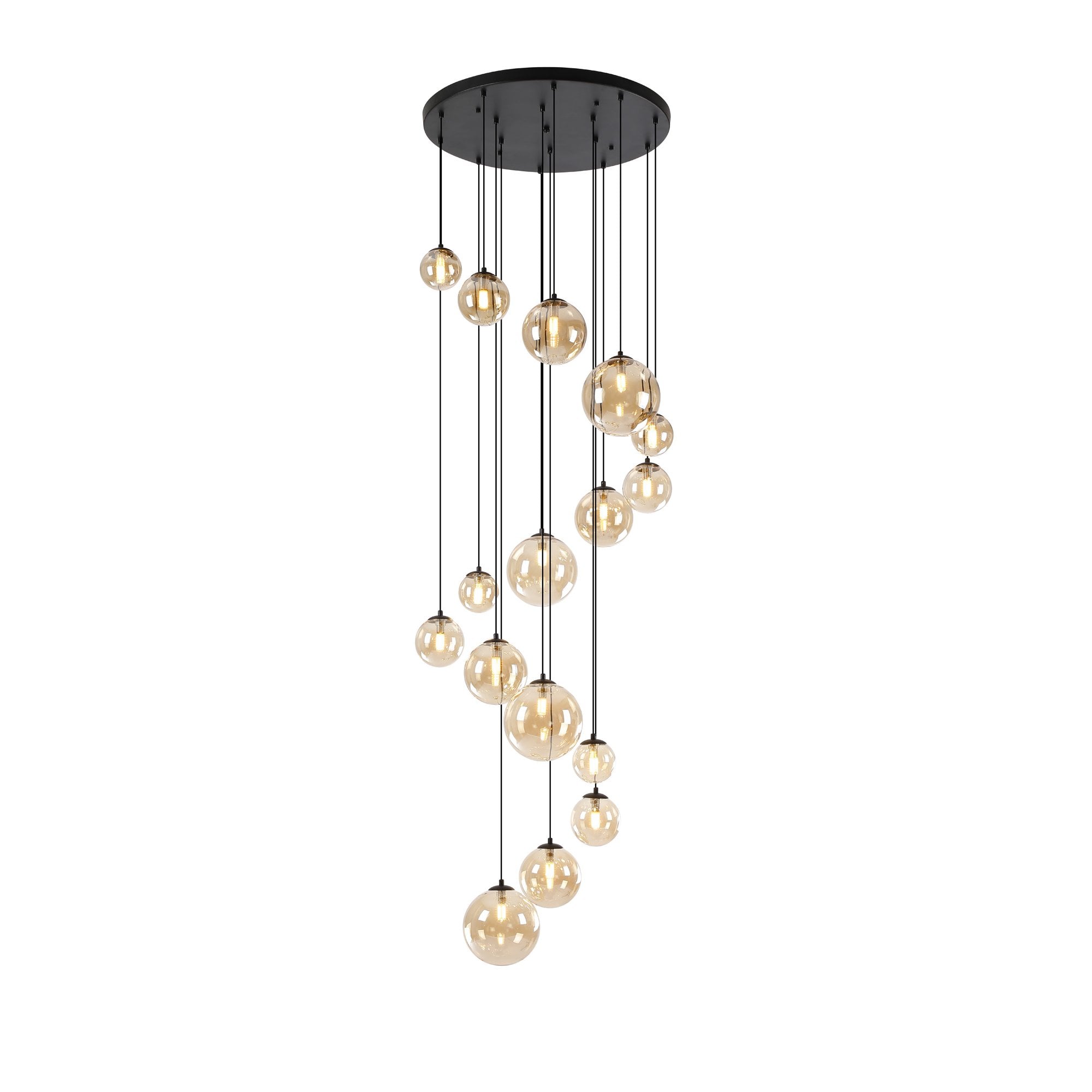 NL9043/AM9 Prague 16 Light Pendant Satin Black Amber Plated