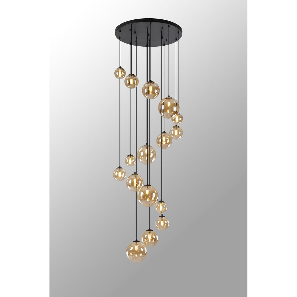 NL9043/AM9 Prague 16 Light Pendant Satin Black Amber Plated