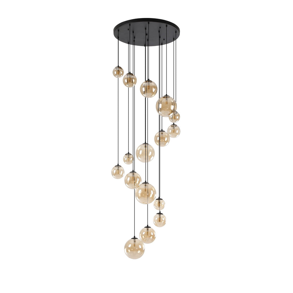 NL9043/AM9 Prague 16 Light Pendant Satin Black Amber Plated