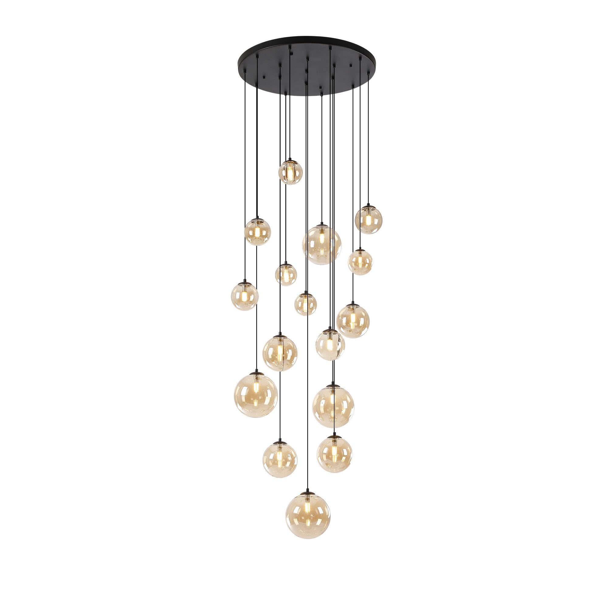 NL9043/AM9 Prague 16 Light Pendant Satin Black Amber Plated