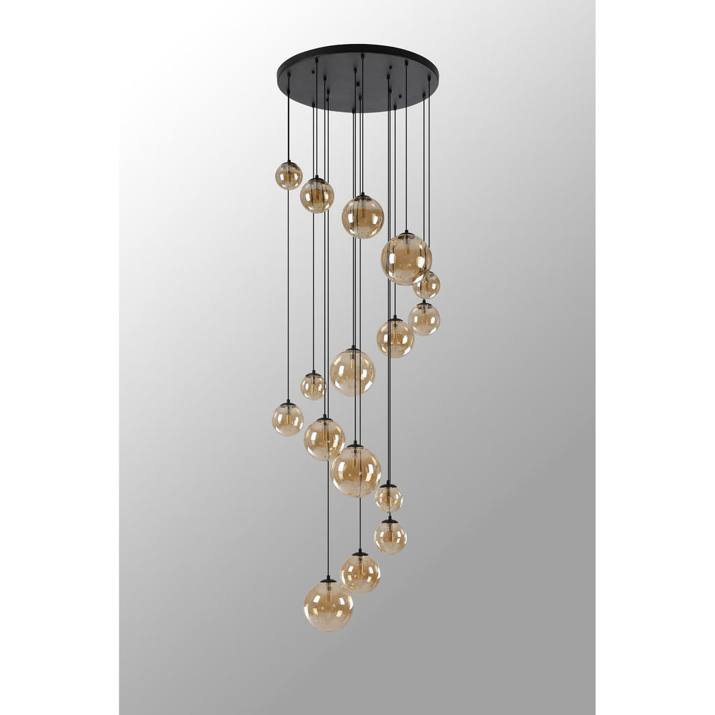NL9043/AM9 Prague 16 Light Pendant Satin Black Amber Plated