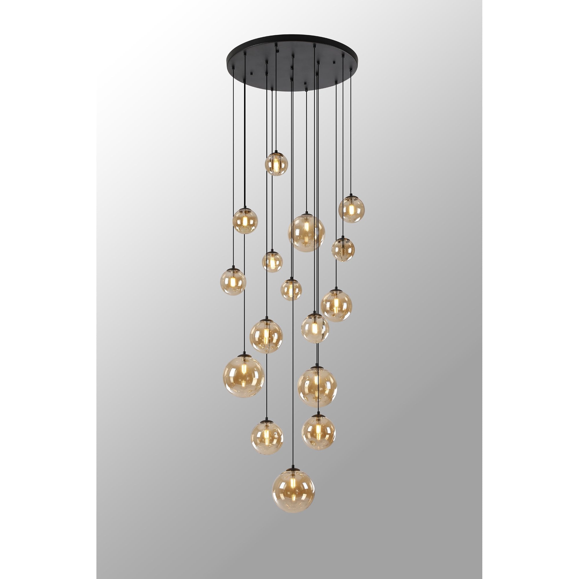 NL9043/AM9 Prague 16 Light Pendant Satin Black Amber Plated