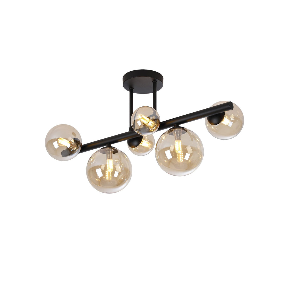 NL9044/AM9 Prague 6 Light Ceiling Light Satin Black Amber Plated