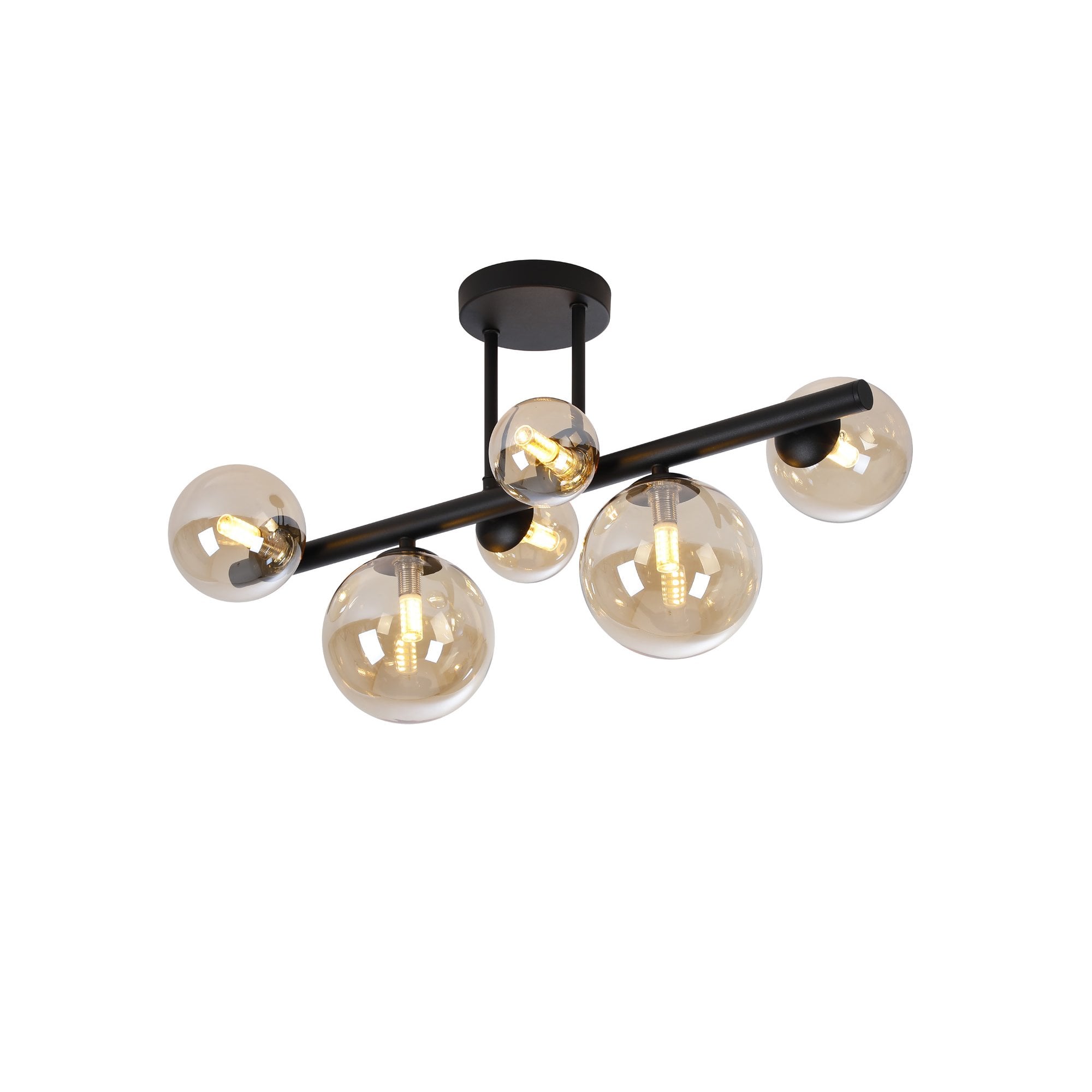 NL9044/AM9 Prague 6 Light Ceiling Light Satin Black Amber Plated