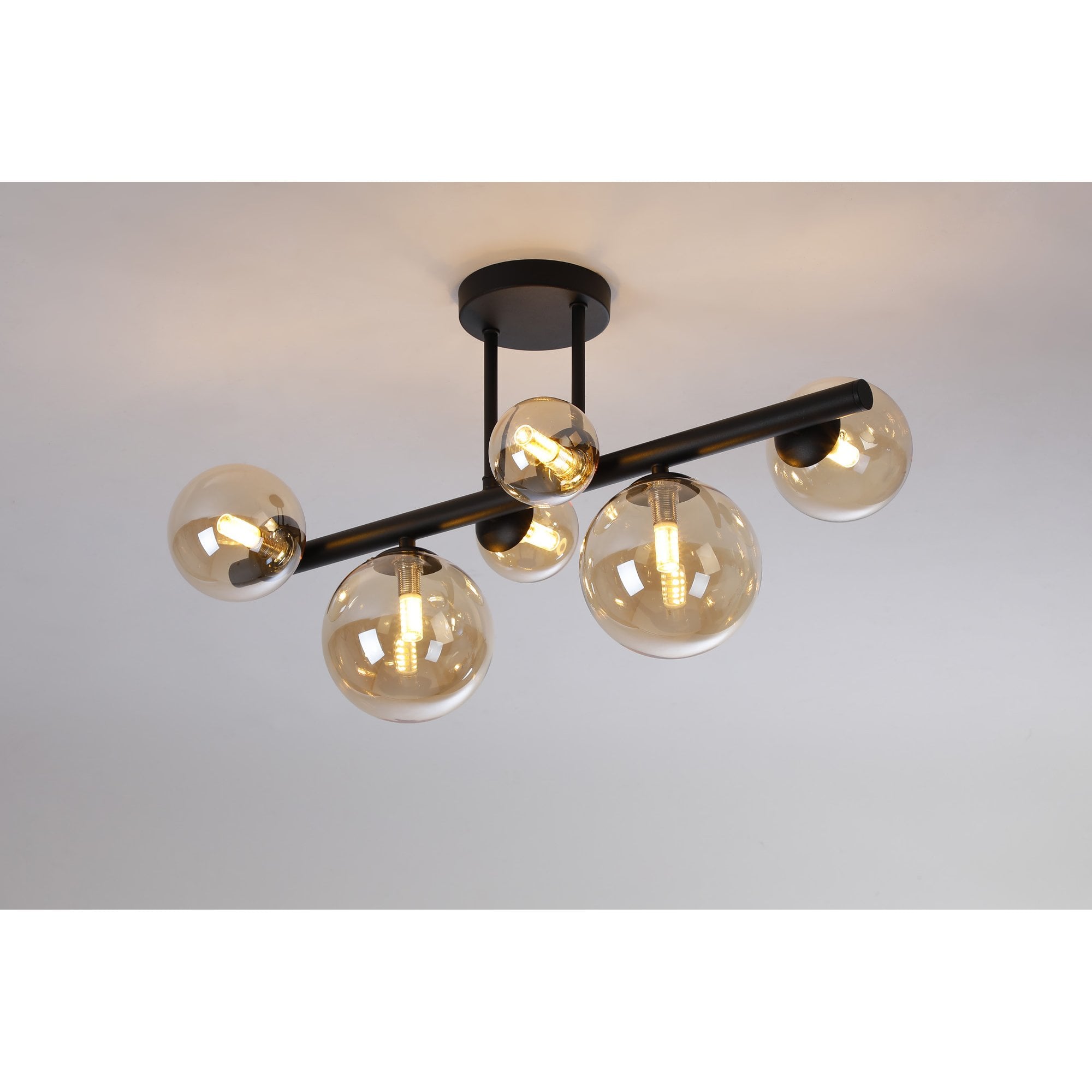 NL9044/AM9 Prague 6 Light Ceiling Light Satin Black Amber Plated