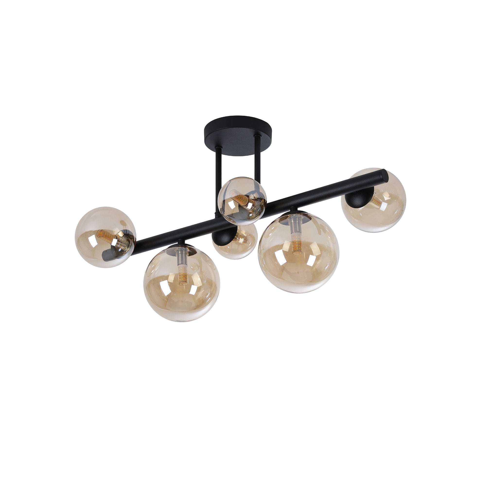 NL9044/AM9 Prague 6 Light Ceiling Light Satin Black Amber Plated