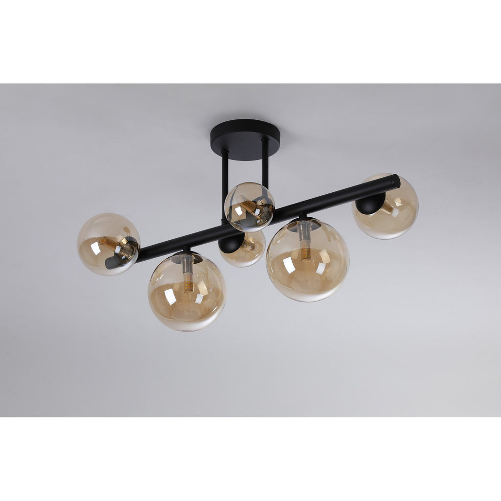 NL9044/AM9 Prague 6 Light Ceiling Light Satin Black Amber Plated