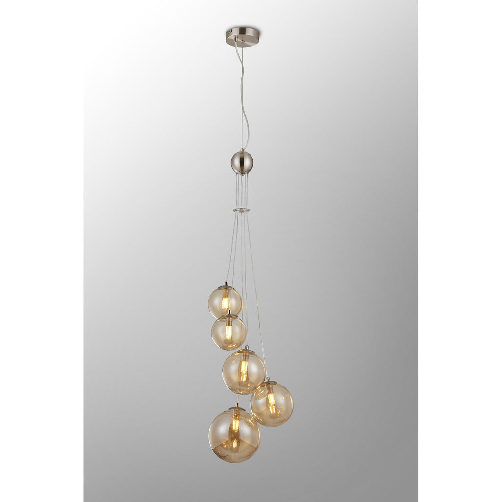 NL9060/AM9 Prague 5 Light Pendant Satin Nickel Amber Plated