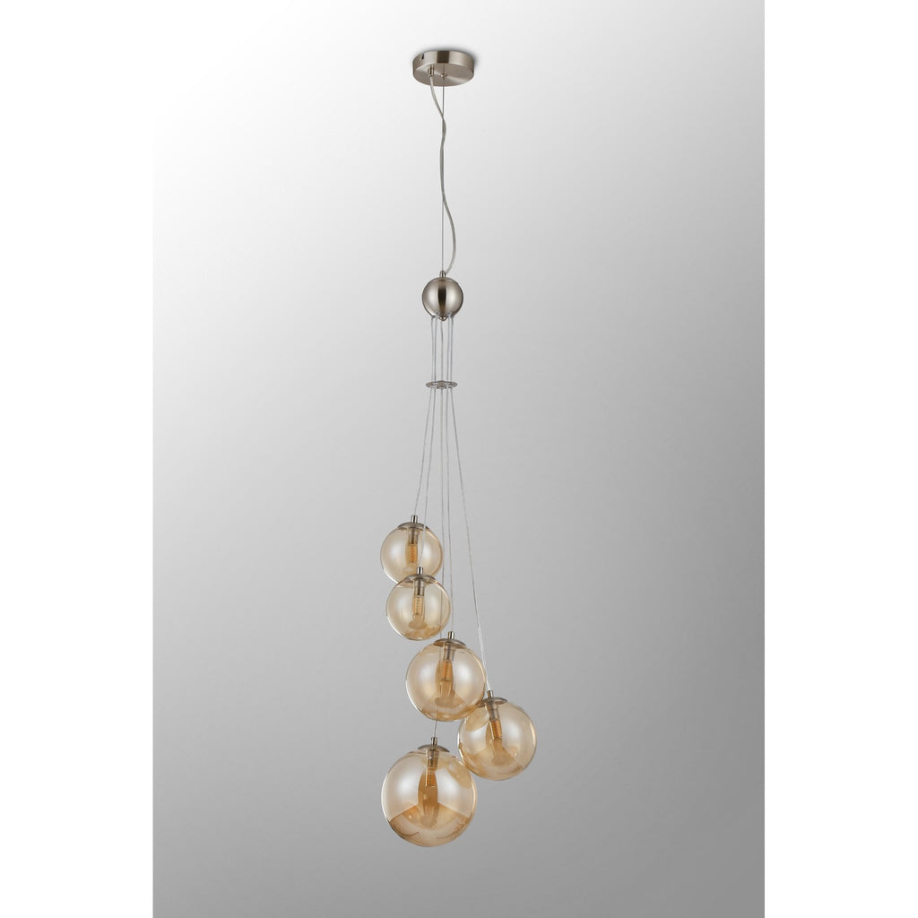 NL9060/AM9 Prague 5 Light Pendant Satin Nickel Amber Plated