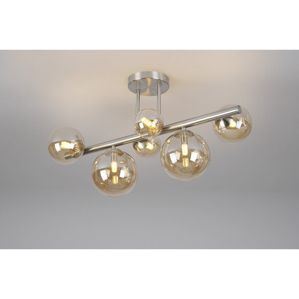 NL9062/AM9 Prague 6 Light Ceiling Light Satin Nickel Amber Plated