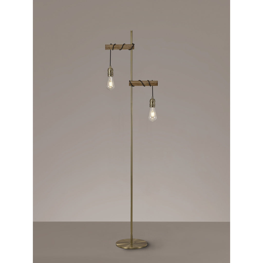 NL83549 Tuba 2 Light Floor Lamp Medium Oak Antique Brass