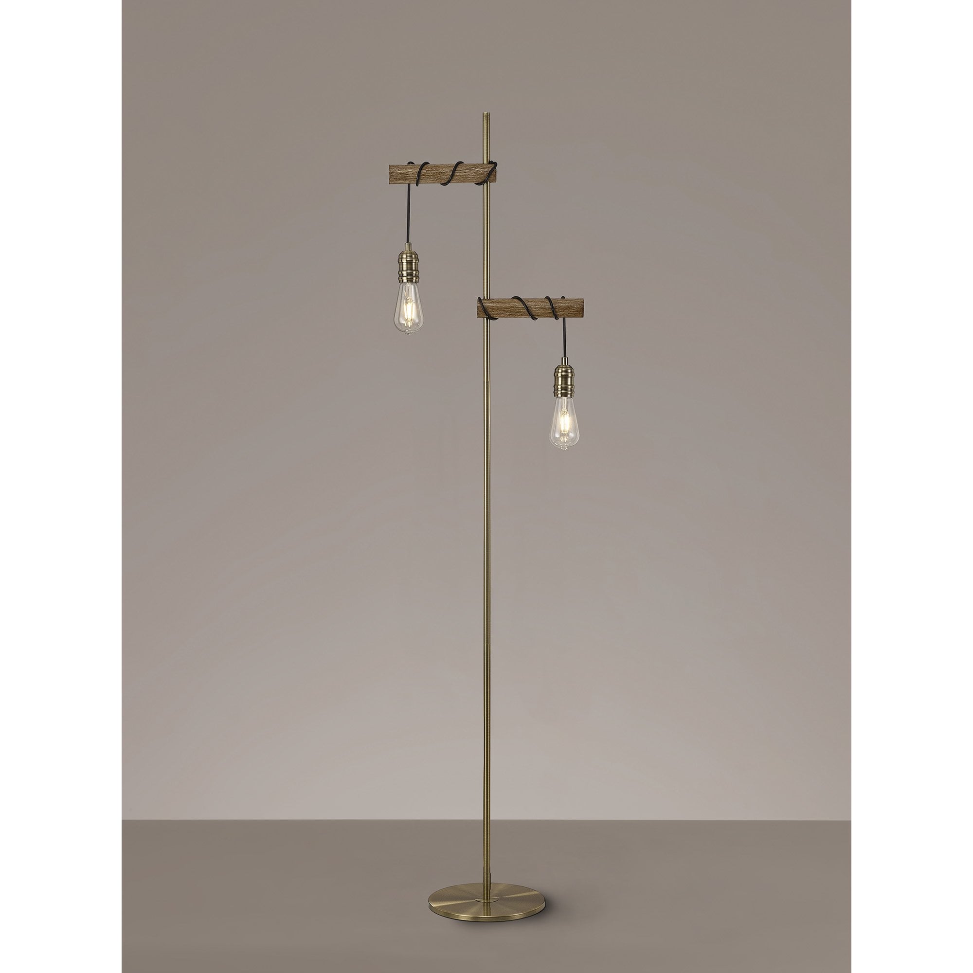 Tuba 2 Light Floor  Lamp Medium Oak Antique Brass