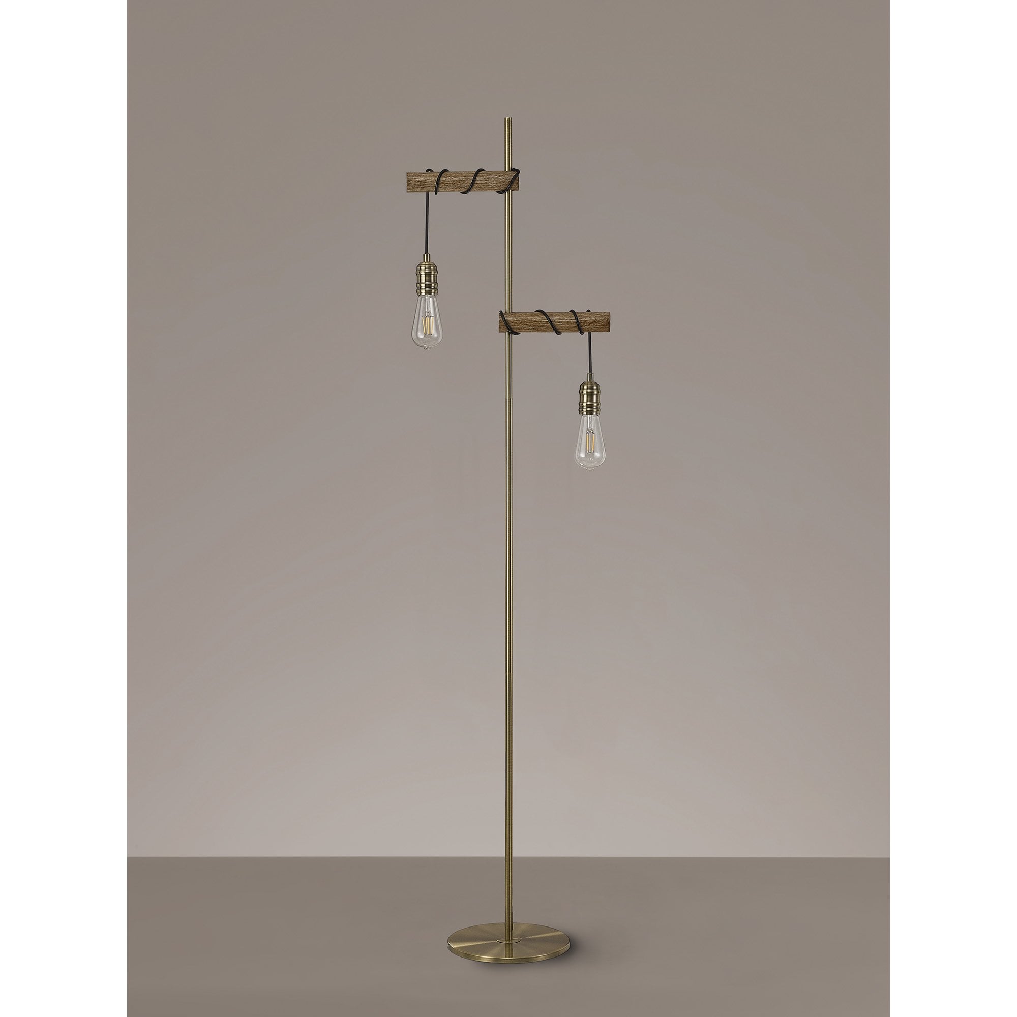 Tuba 2 Light Floor  Lamp Medium Oak Antique Brass