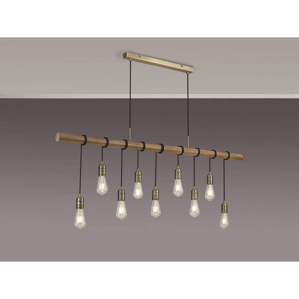 NL83559 Tuba 9 Light Pendant Medium Oak Antique Brass