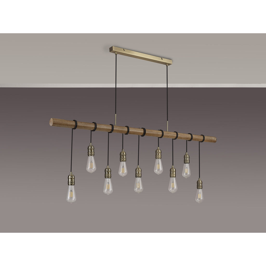 NL83559 Tuba 9 Light Pendant Medium Oak Antique Brass