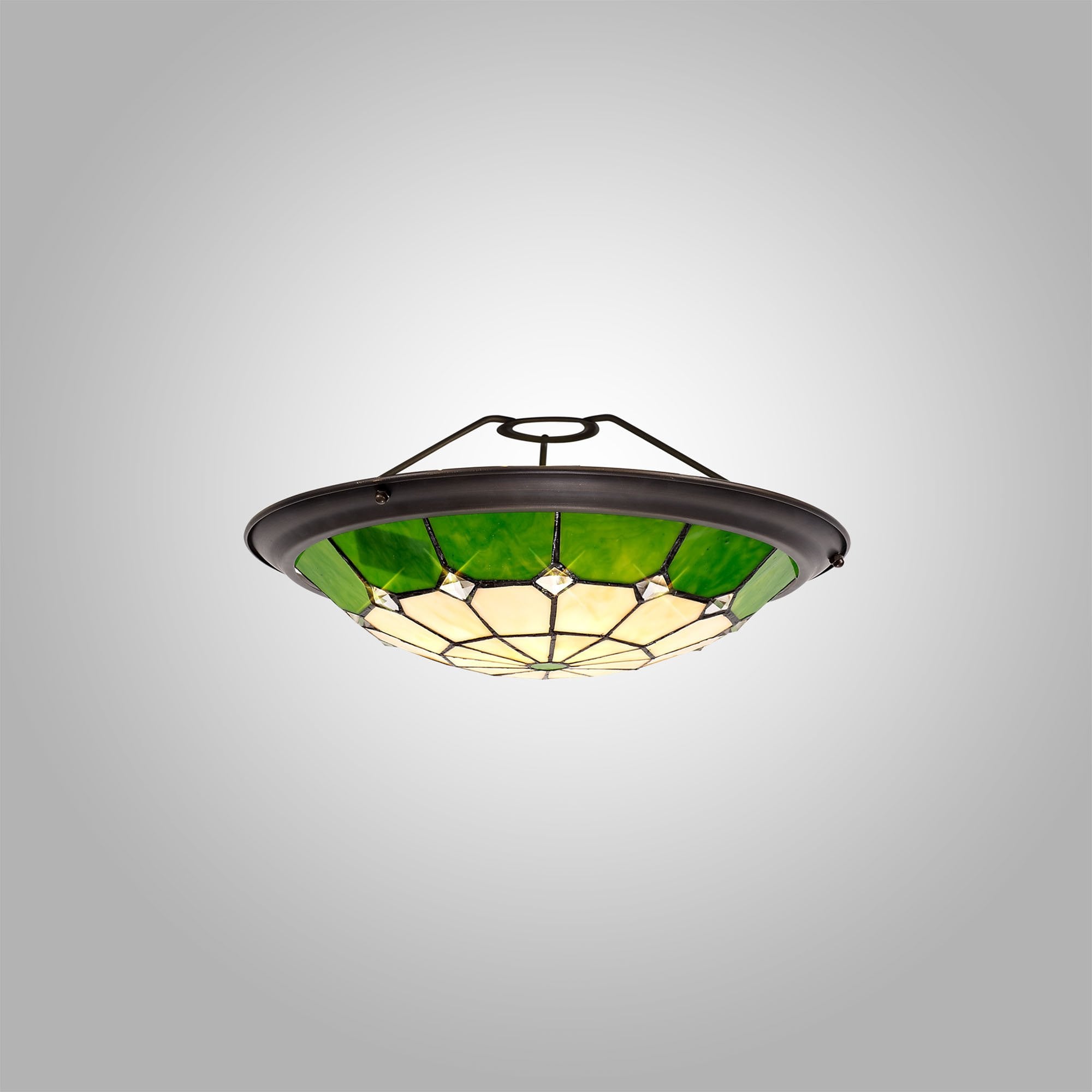 NL72379 Archie Tiffany Non-electric Up Lighter Shade Cream/Green/Clear Crystal Centre/Aged Antique Brass Trim