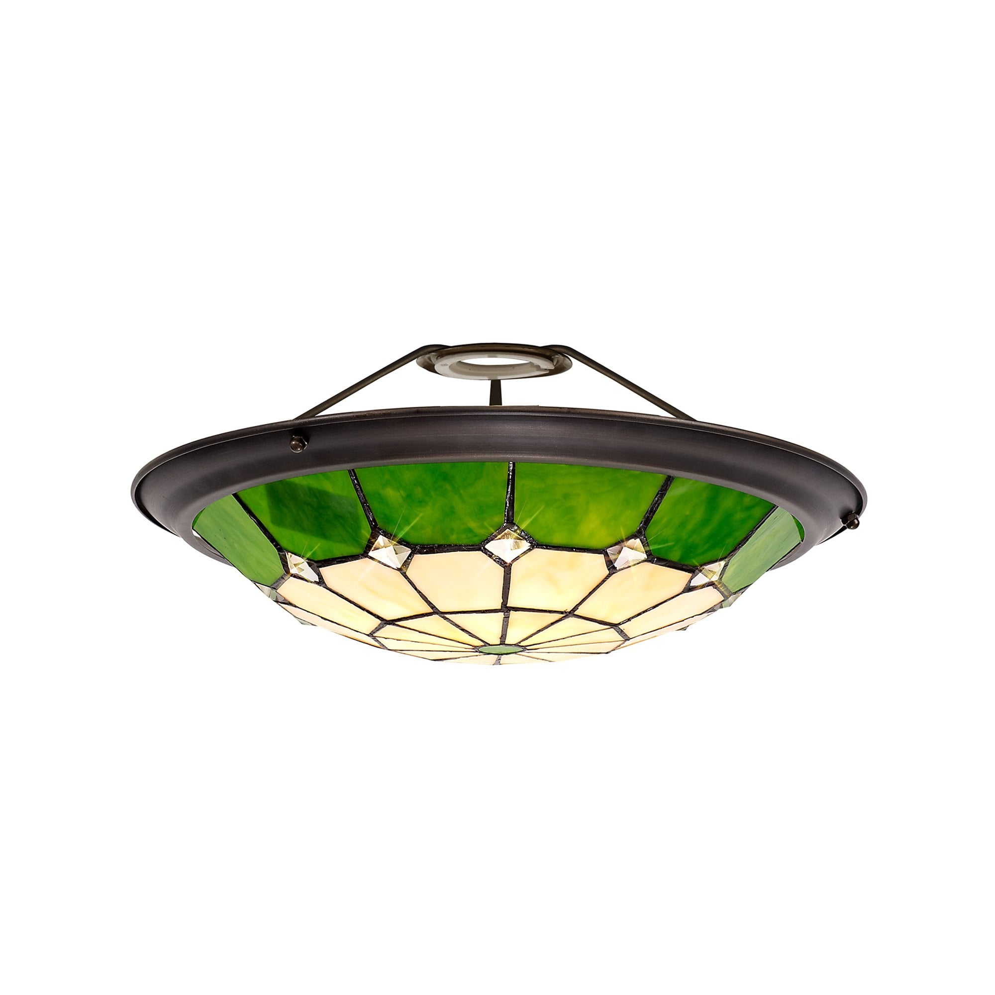 NL72379 Archie Tiffany Non-electric Up Lighter Shade Cream/Green/Clear Crystal Centre/Aged Antique Brass Trim