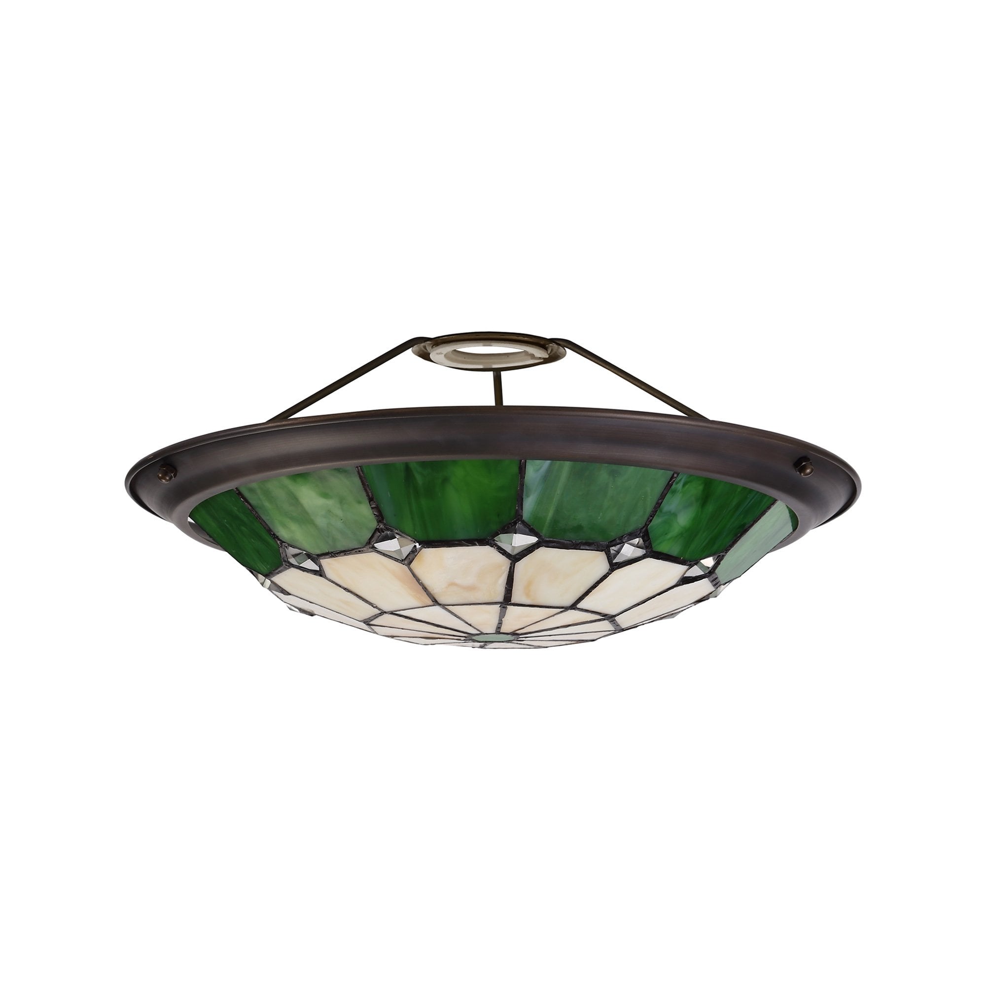 NL72379 Archie Tiffany Non-electric Up Lighter Shade Cream/Green/Clear Crystal Centre/Aged Antique Brass Trim