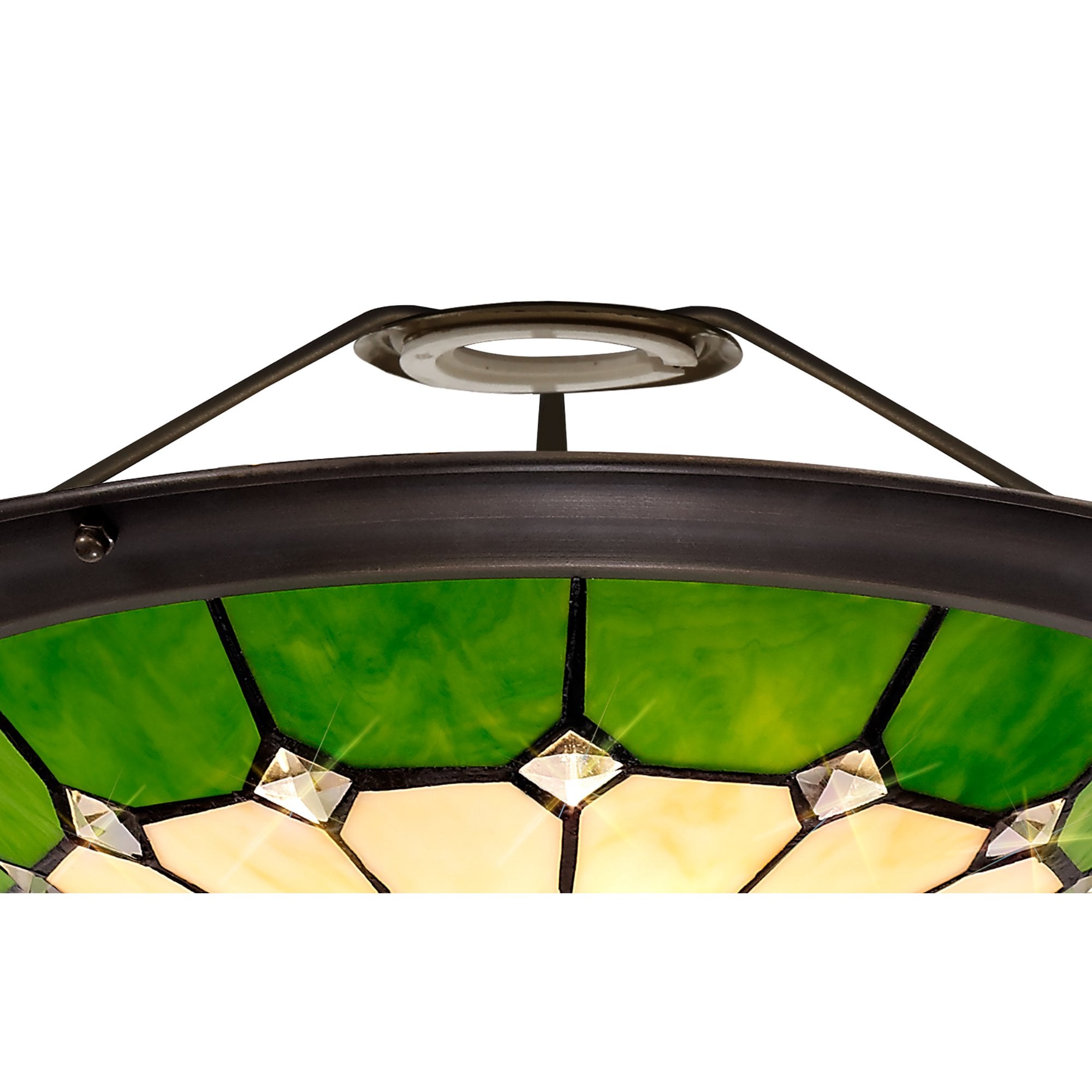 NL72379 Archie Tiffany Non-electric Up Lighter Shade Cream/Green/Clear Crystal Centre/Aged Antique Brass Trim