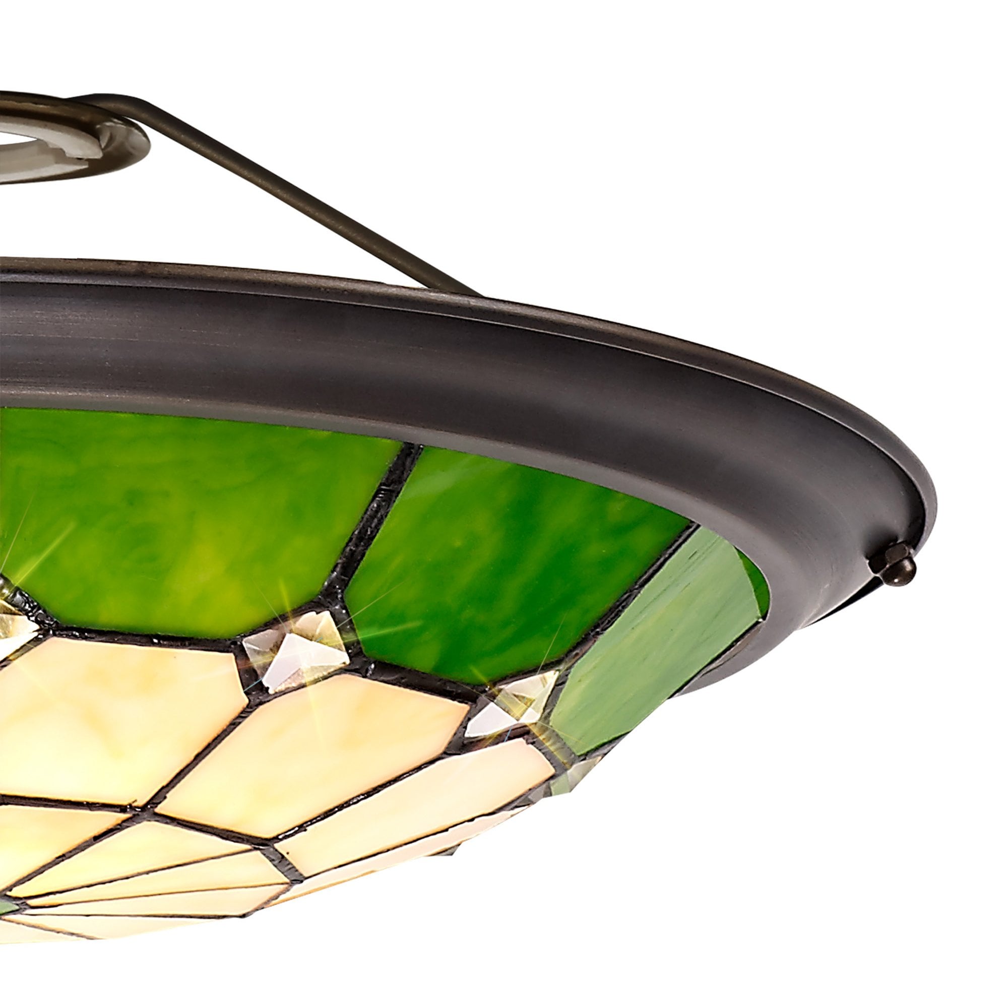 NL72379 Archie Tiffany Non-electric Up Lighter Shade Cream/Green/Clear Crystal Centre/Aged Antique Brass Trim