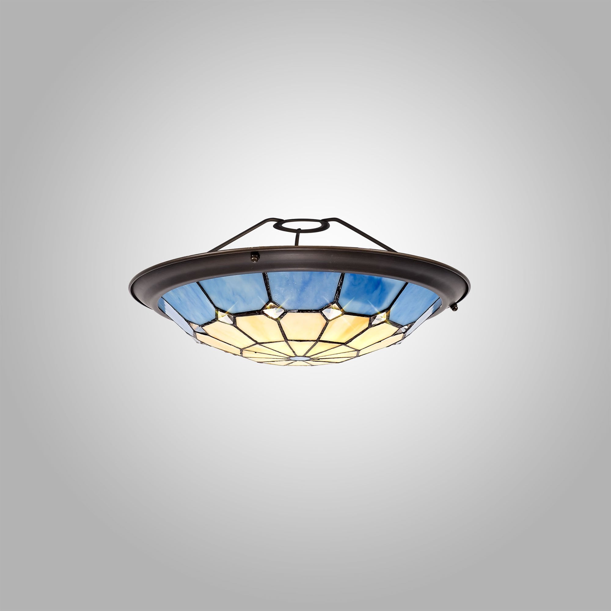 NL72389 Archie Tiffany Non-electric Up Lighter Shade Cream/Rich Blue/Clear Crystal Centre/Aged Antique Brass Trim