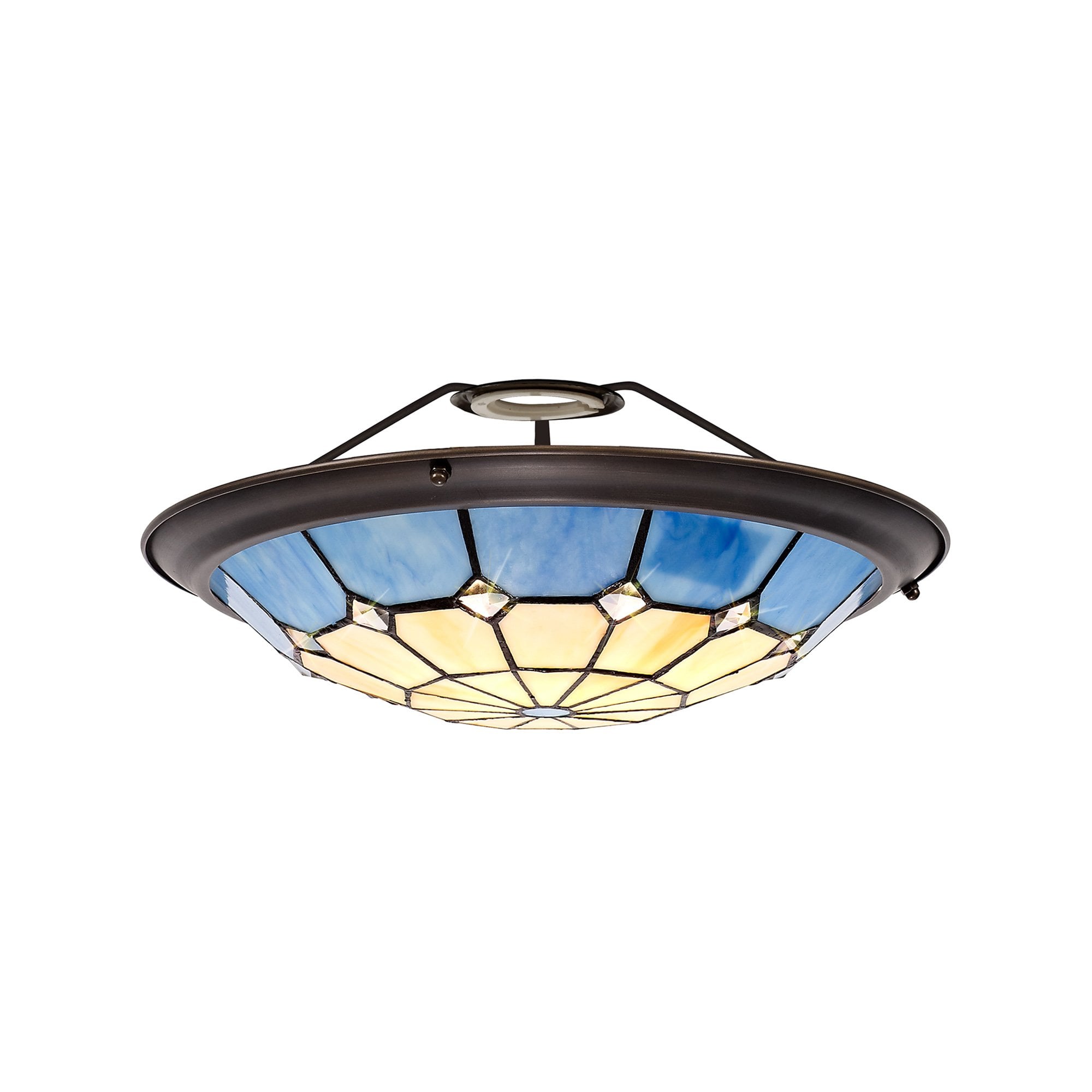 NL72389 Archie Tiffany Non-electric Up Lighter Shade Cream/Rich Blue/Clear Crystal Centre/Aged Antique Brass Trim