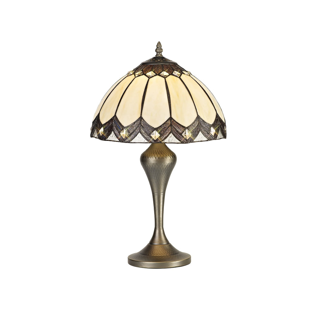 NL72269 Brixton Tiffany Table Lamp Aged Antique Brass Base/Cream/Brown Glass/Clear Crystal