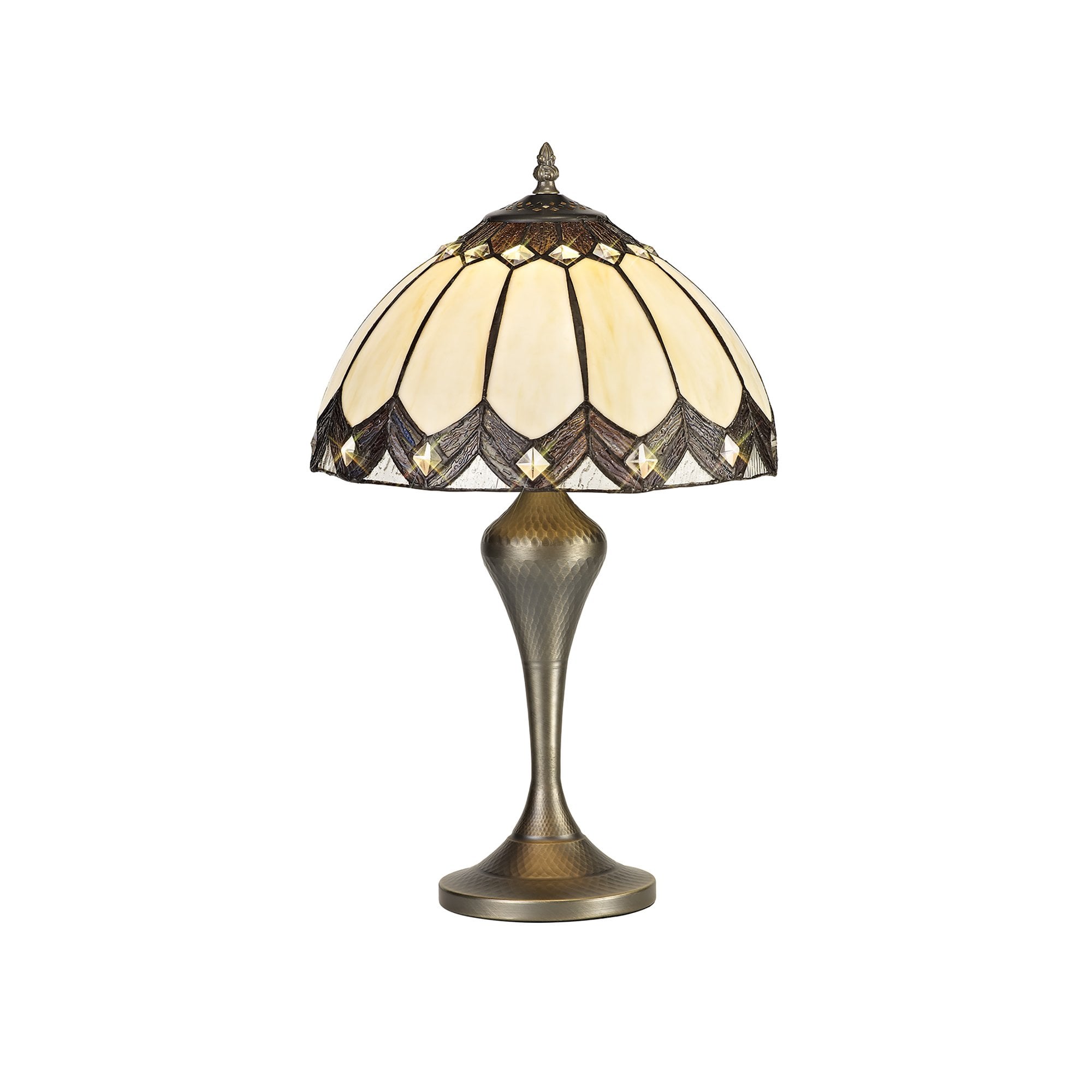 NL72269 Brixton Tiffany Table Lamp Aged Antique Brass Base/Cream/Brown Glass/Clear Crystal