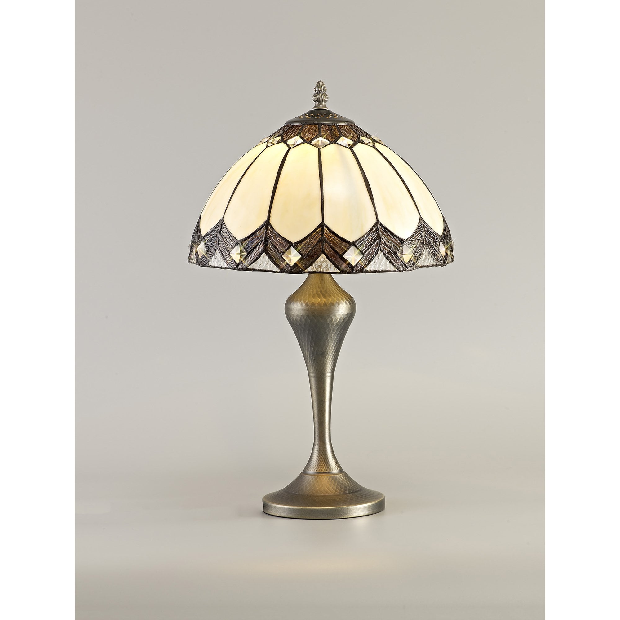 NL72269 Brixton Tiffany Table Lamp Aged Antique Brass Base/Cream/Brown Glass/Clear Crystal