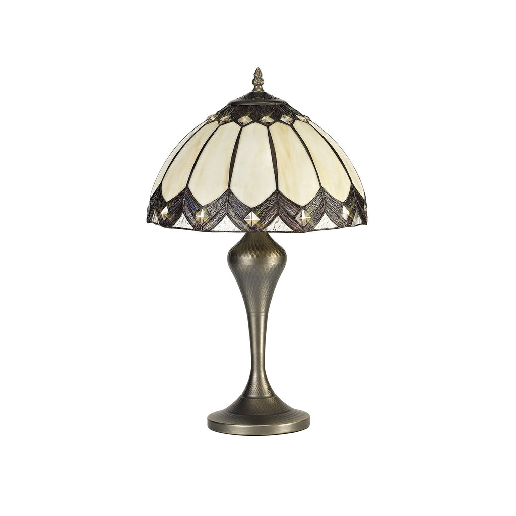 NL72269 Brixton Tiffany Table Lamp Aged Antique Brass Base/Cream/Brown Glass/Clear Crystal