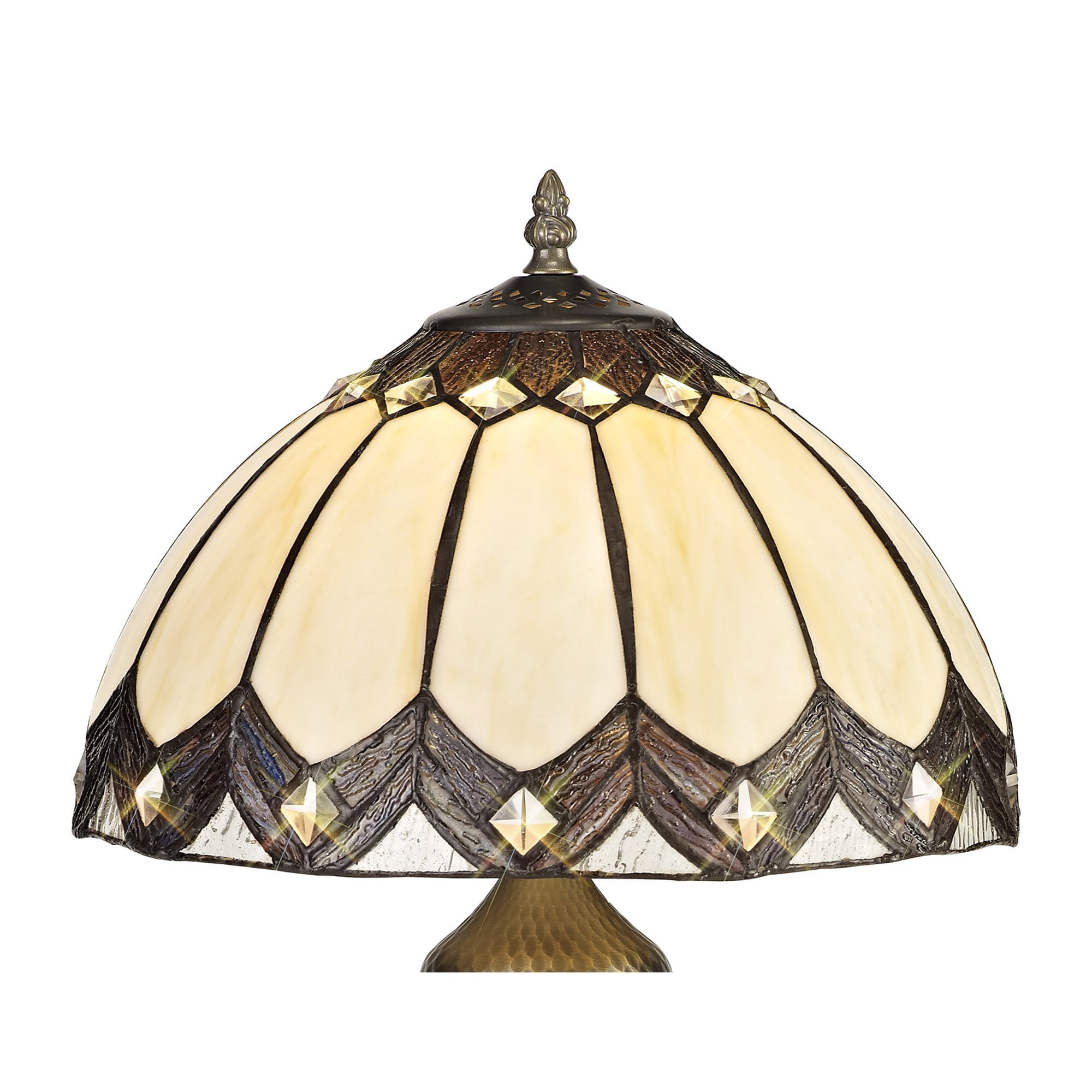 NL72269 Brixton Tiffany Table Lamp Aged Antique Brass Base/Cream/Brown Glass/Clear Crystal
