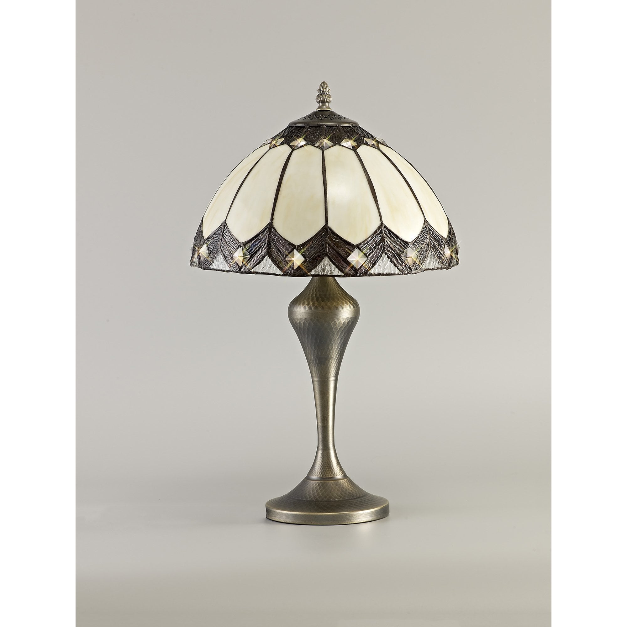 NL72269 Brixton Tiffany Table Lamp Aged Antique Brass Base/Cream/Brown Glass/Clear Crystal