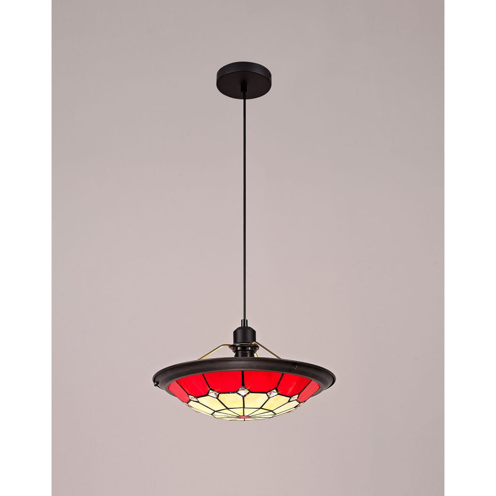 NLK00059 Archie 1 Light Pendant With 35cm Tiffany Shade CRome/Red/Clear Crystal Centre/Aged Antique Brass Trim/Black