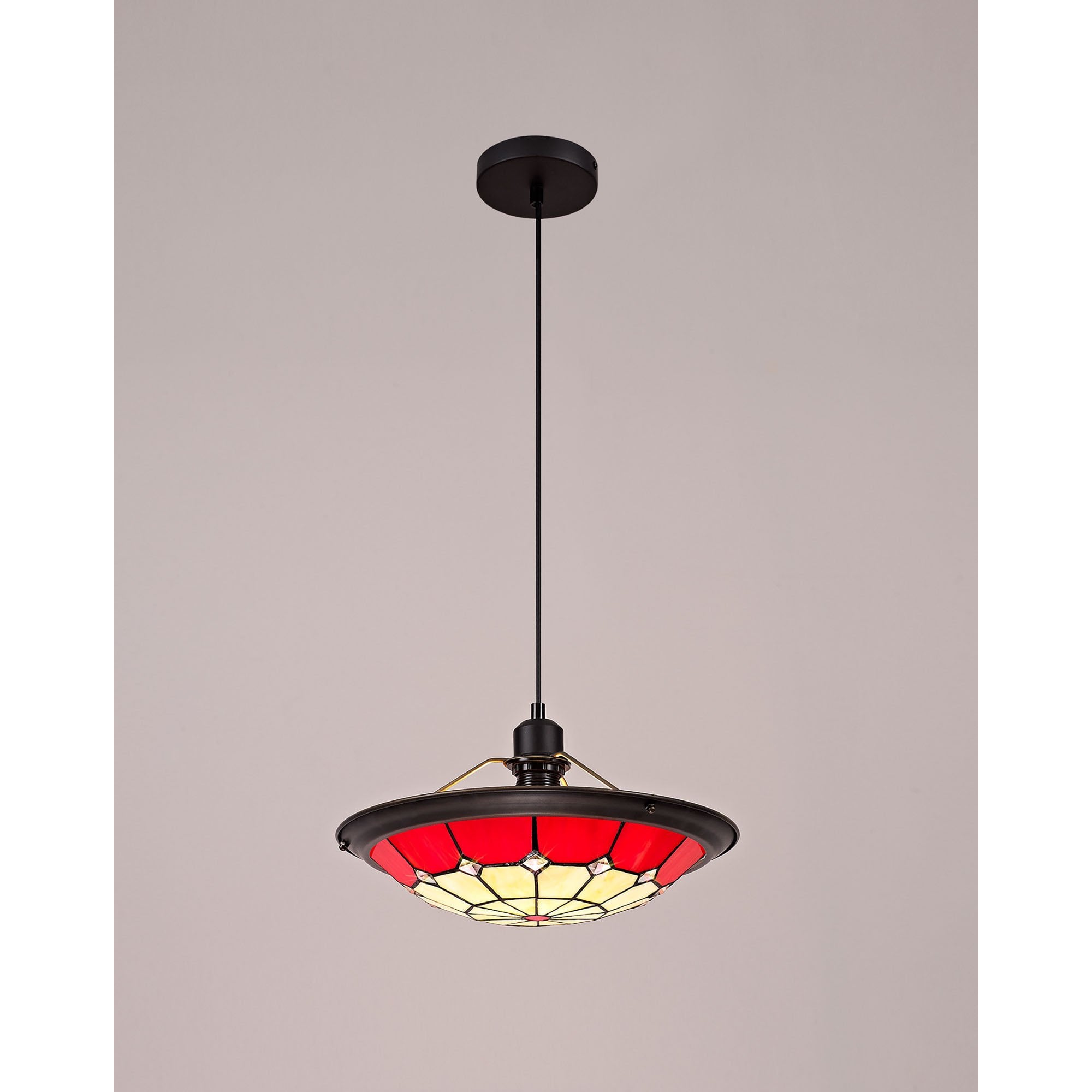 NLK00059 Archie 1 Light Pendant With 35cm Tiffany Shade CRome/Red/Clear Crystal Centre/Aged Antique Brass Trim/Black