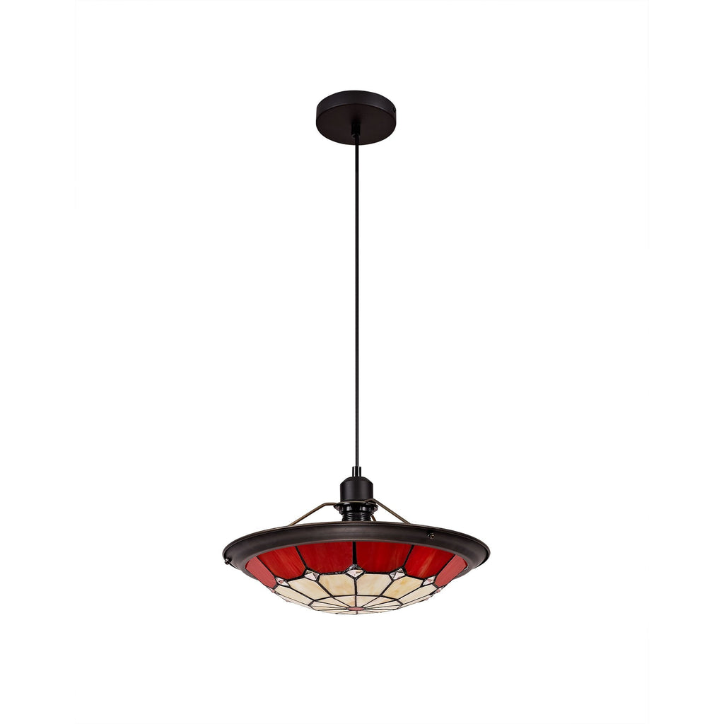 NLK00059 Archie 1 Light Pendant With 35cm Tiffany Shade CRome/Red/Clear Crystal Centre/Aged Antique Brass Trim/Black