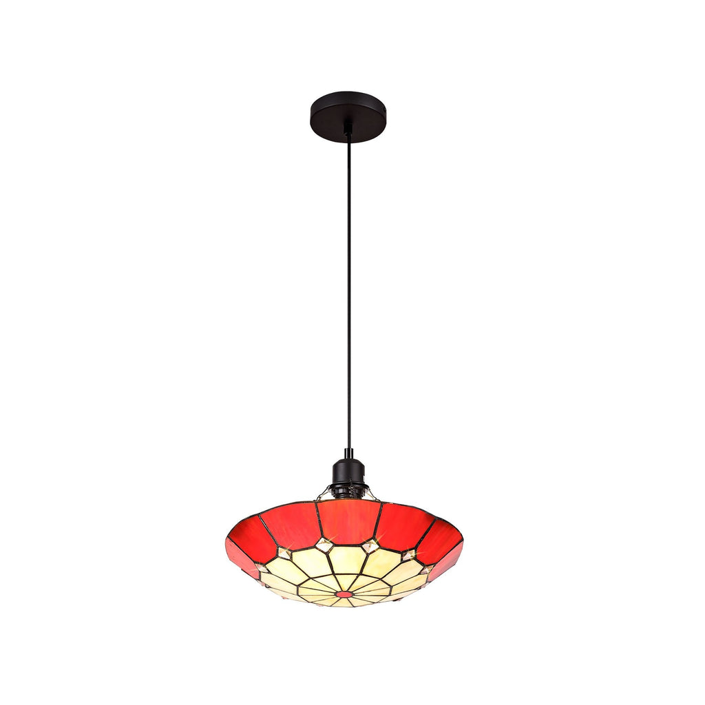 NLK00059 Archie 1 Light Pendant With 35cm Tiffany Shade CRome/Red/Clear Crystal Centre/Aged Antique Brass Trim/Black