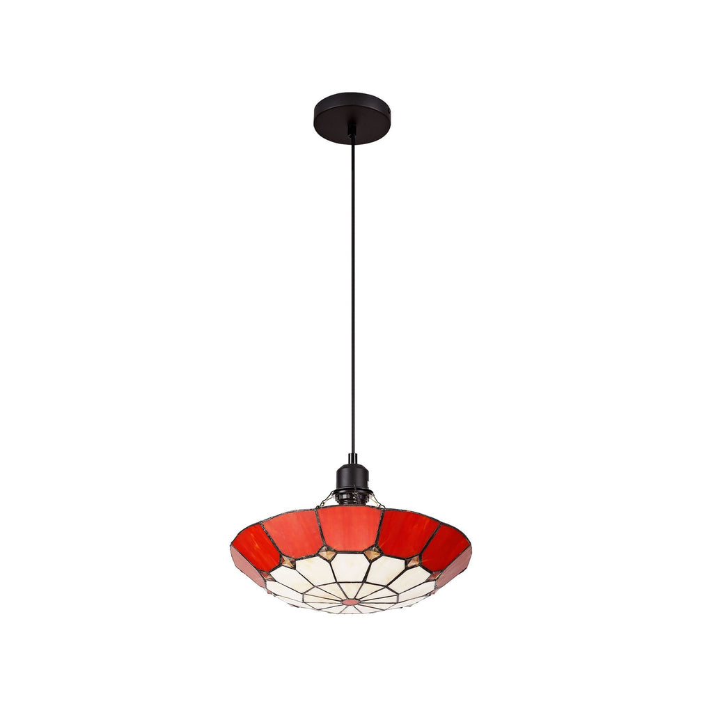 NLK00059 Archie 1 Light Pendant With 35cm Tiffany Shade CRome/Red/Clear Crystal Centre/Aged Antique Brass Trim/Black