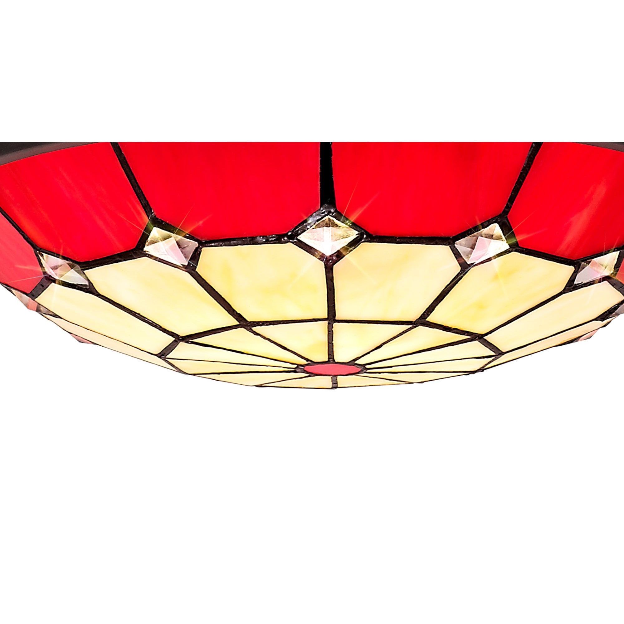 NLK00059 Archie 1 Light Pendant With 35cm Tiffany Shade CRome/Red/Clear Crystal Centre/Aged Antique Brass Trim/Black
