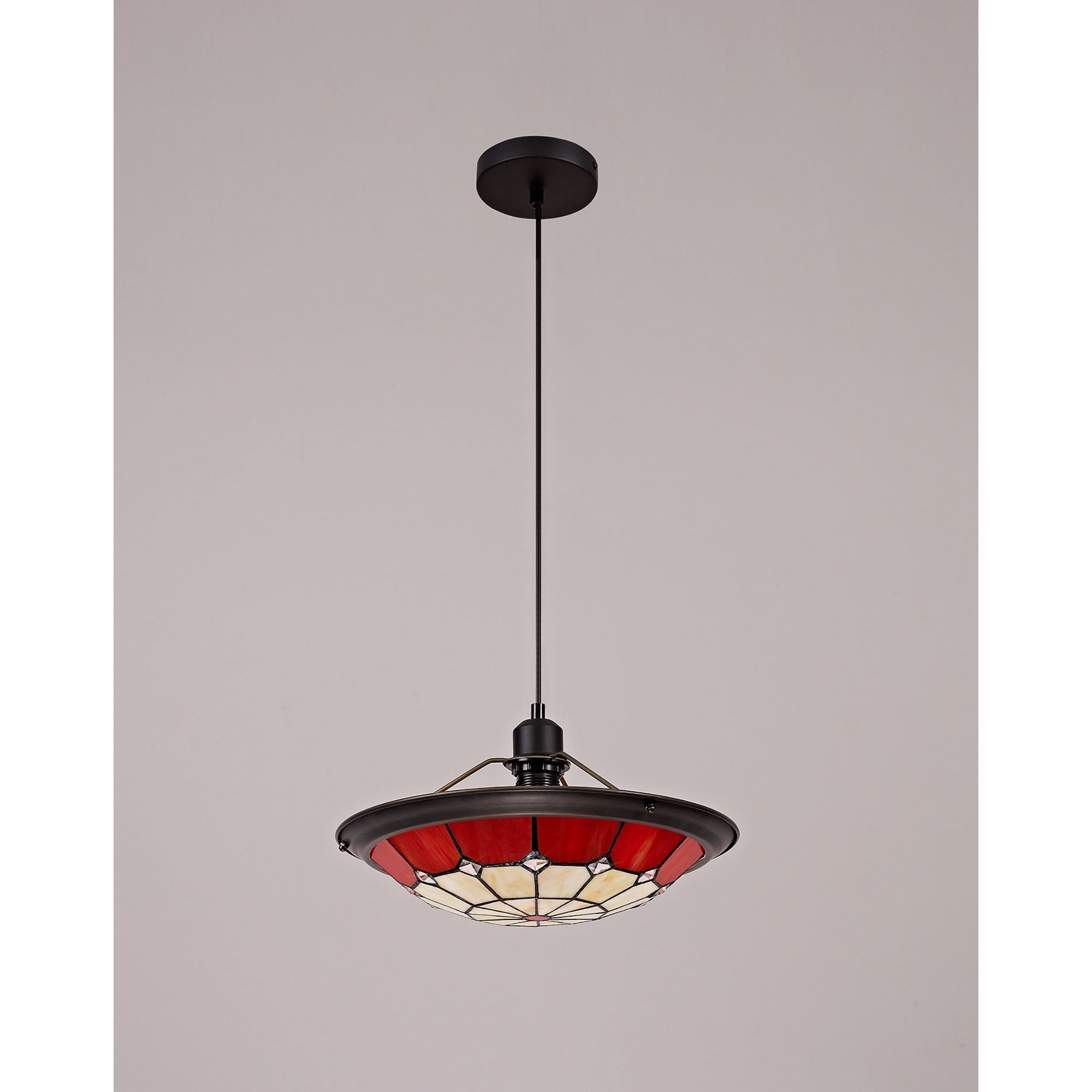 NLK00059 Archie 1 Light Pendant With 35cm Tiffany Shade CRome/Red/Clear Crystal Centre/Aged Antique Brass Trim/Black